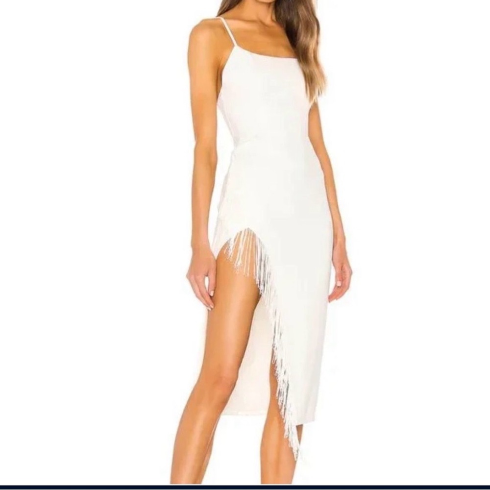 NBD Asymmetrical White Fringe Dress